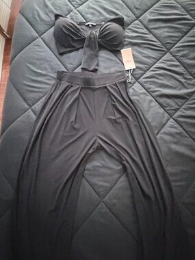 Blashe Sweetheart Crop Top & Pleated Wide Leg Pants Set Black - S